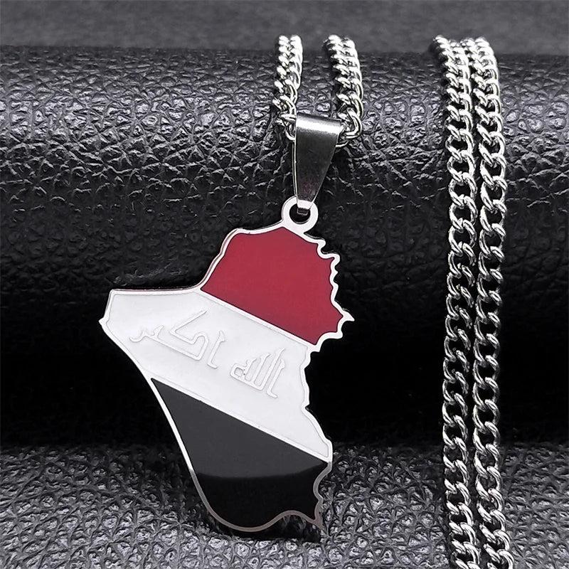 Iraq Republic Map Flag Pendant Necklace Stainless Steel Silver NXXXXS05