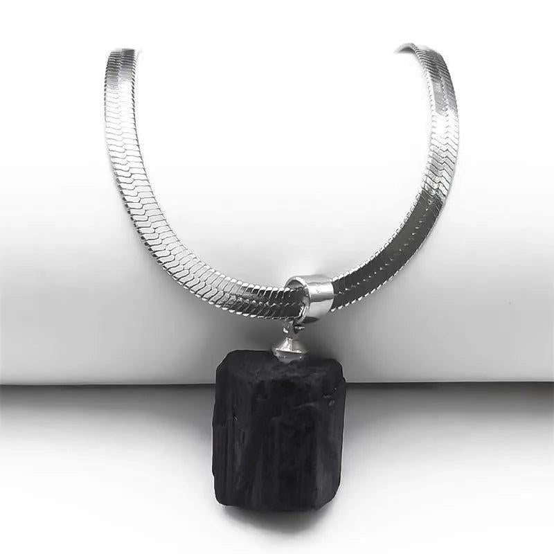 Irregular Tourmaline Pendant Necklace Stainless Steel Chain