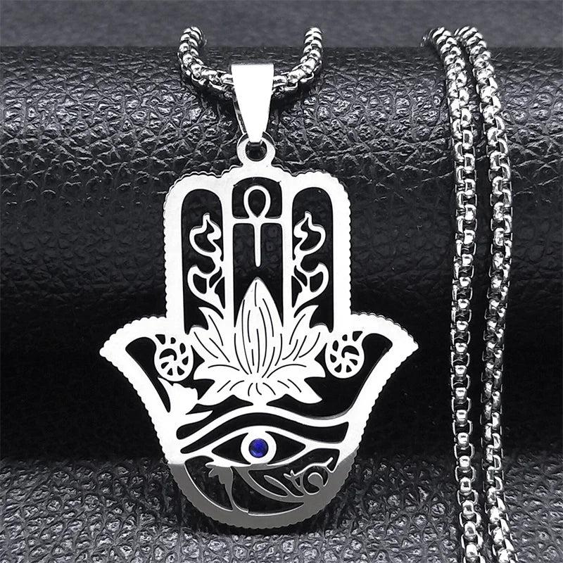 Hamsa Hand Ankh Lotus Necklace Stainless Steel Silver Eye of Horus N8075S02