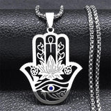 Hamsa Hand Ankh Lotus Necklace Stainless Steel Silver Eye of Horus N8075S02