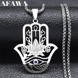 Hamsa Hand Ankh Lotus Necklace Stainless Steel Silver Eye of Horus N8075S02