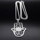 Hamsa Hand Ankh Lotus Necklace Stainless Steel Silver Eye of Horus N8075S02