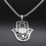 Hamsa Hand Ankh Lotus Necklace Stainless Steel Silver Eye of Horus N8075S02