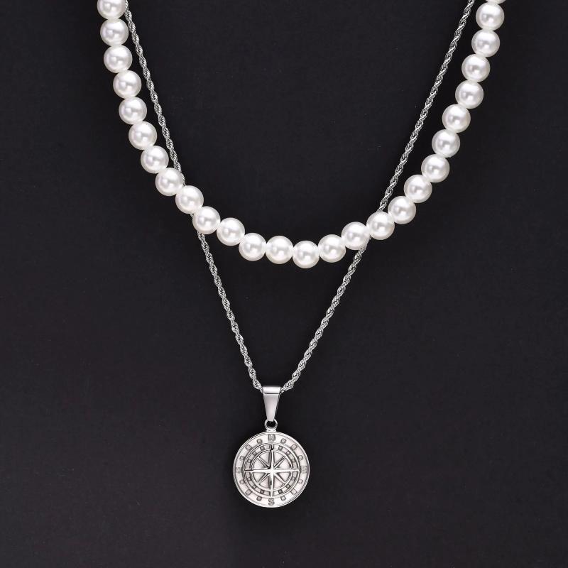 Men Layered Necklaces, Simulated Pearl Beads Choker with Guide Compass Pendant