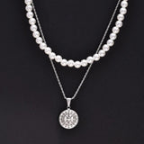 Men Layered Necklaces, Simulated Pearl Beads Choker with Guide Compass Pendant