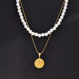Men Layered Necklaces, Simulated Pearl Beads Choker with Guide Compass Pendant