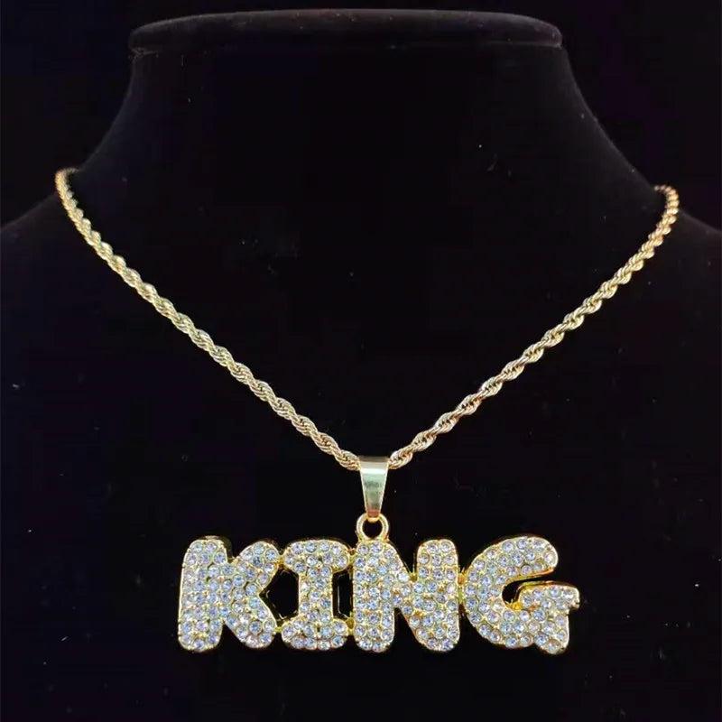 Hip Hop Full Rhinestone KING QUEEN Pendant Necklace Cuban Chain Iced Out Bling