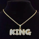 Hip Hop Full Rhinestone KING QUEEN Pendant Necklace Cuban Chain Iced Out Bling