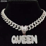 Hip Hop Full Rhinestone KING QUEEN Pendant Necklace Cuban Chain Iced Out Bling