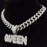 Hip Hop Full Rhinestone KING QUEEN Pendant Necklace Cuban Chain Iced Out Bling