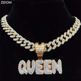 Hip Hop Full Rhinestone KING QUEEN Pendant Necklace Cuban Chain Iced Out Bling