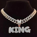 Hip Hop Full Rhinestone KING QUEEN Pendant Necklace Cuban Chain Iced Out Bling