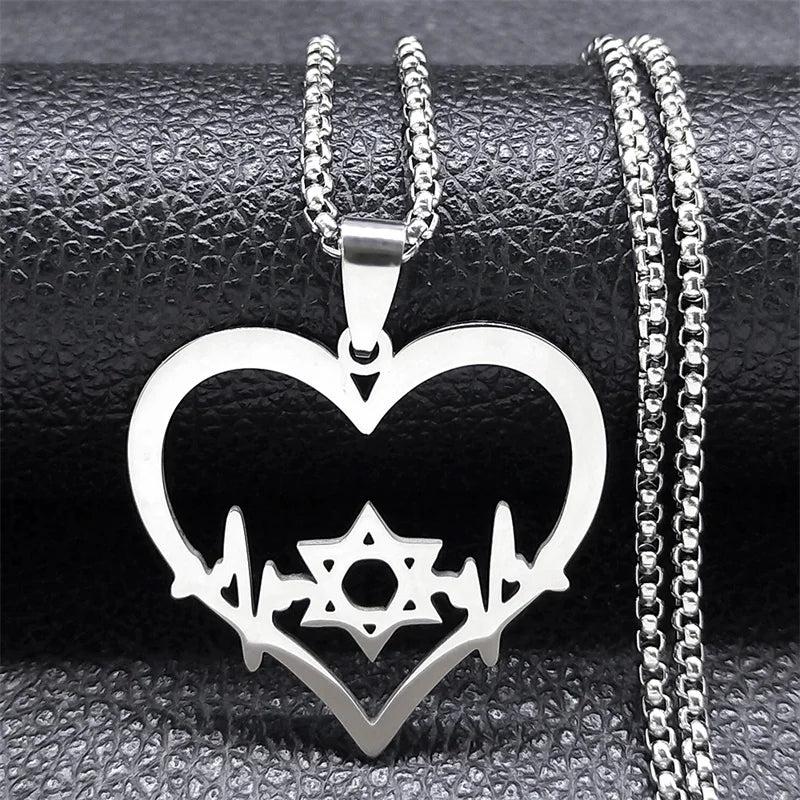 Jewish Hexagram Heart Necklace Star of David Amulet Chain N8095