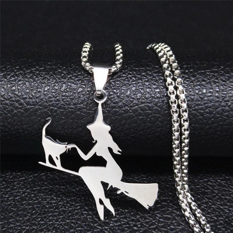 Witch Broom Cat Stainless Steel Necklace for Women
