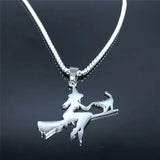 Witch Broom Cat Stainless Steel Necklace for Women
