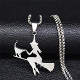 Witch Broom Cat Stainless Steel Necklace for Women