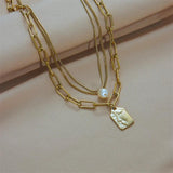 Stainless Steel Square Pendant Necklace 3-Layer Pearl for Women