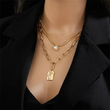 Stainless Steel Square Pendant Necklace 3-Layer Pearl for Women