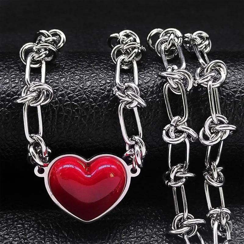 Punk Love Red Heart Pendant Necklace Women Stainless Steel Hip Hop