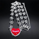 Punk Love Red Heart Pendant Necklace Women Stainless Steel Hip Hop