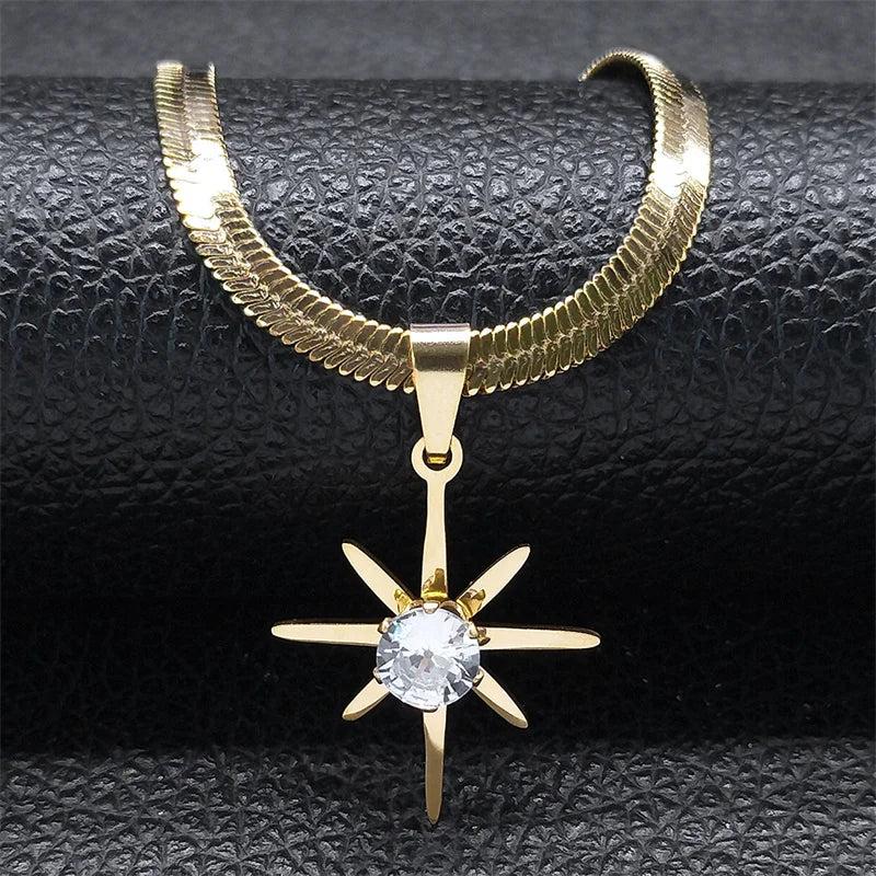 Crystal Star Pendant Necklace Women Stainless Steel Snake Chain Clavicle Jewelry