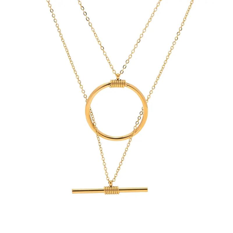 Arrival Stainless Steel Ring Bar 18K Plated Double Layer Necklace
