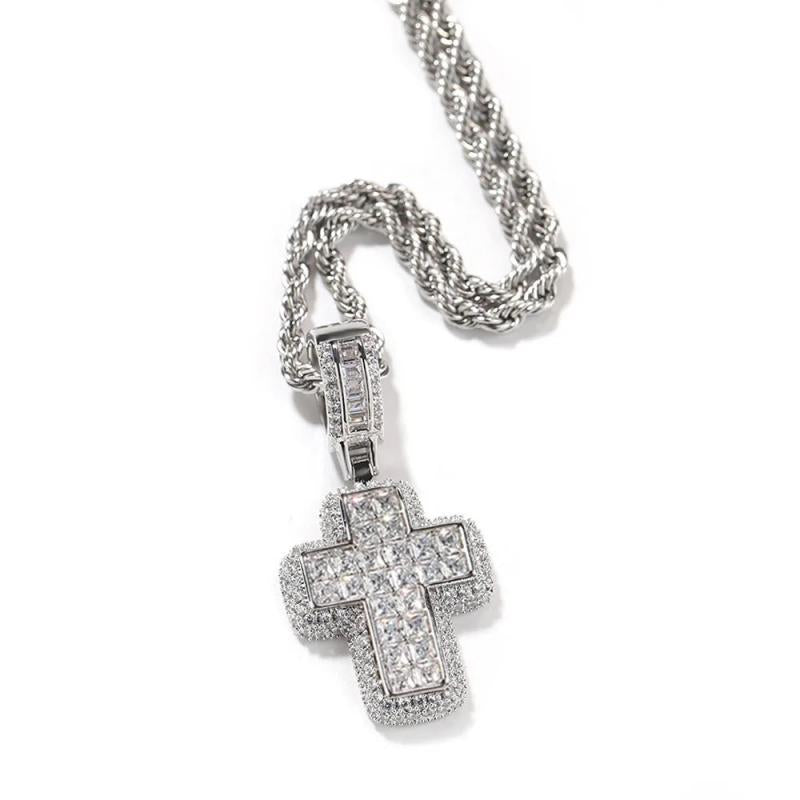 Hip Hop Iced Out CZ Cross Pendant Necklace Stainless Steel Chain