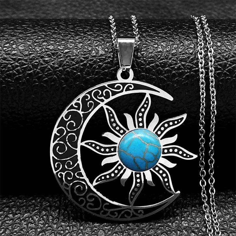 Vintage Moon & Sun Pendant Necklaces Stainless Steel Crescent Moon Necklace
