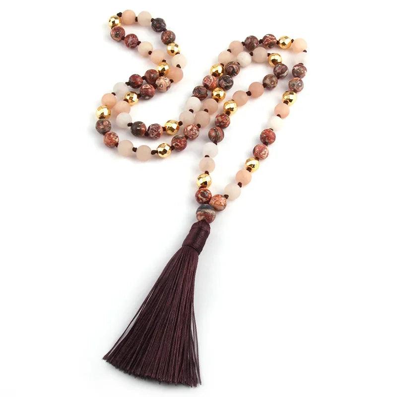 Leopard Stripe Stone Beads Tassel Necklace