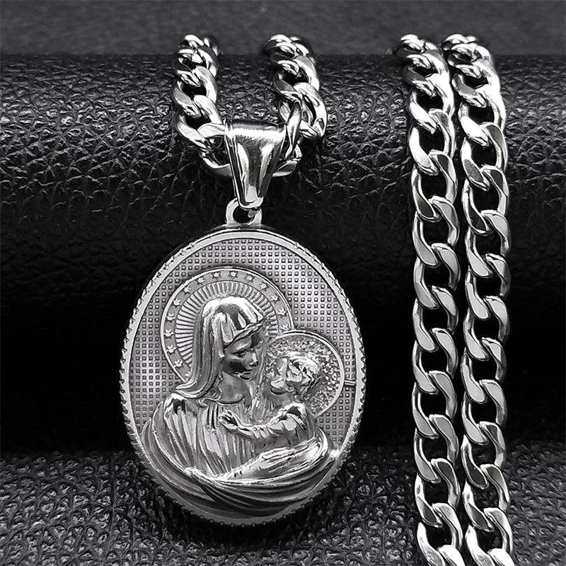 Virgin Mary Baby Medallion Necklace Men Stainless Steel Pendant