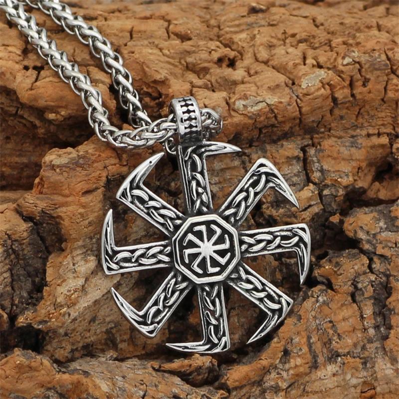 Nordic Slavic Kolovrat Runes Necklace Stainless Steel Viking Vegvisir