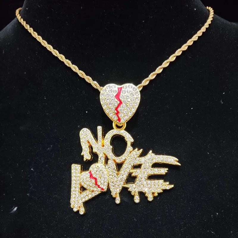 Men Women Hip Hop No Love Heart Pendant Necklace with Cuban Chain
