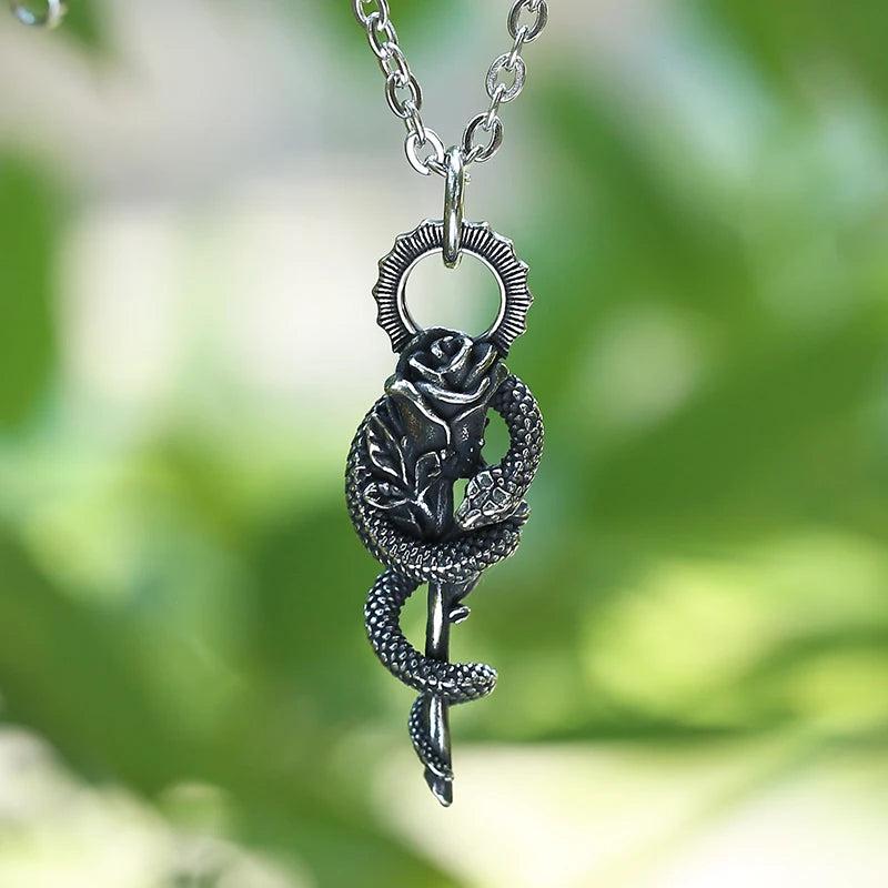 Men's 316L Stainless-steel Flower Snake Pendant Necklace Teens Punk Biker