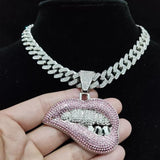 Hip Hop Bite Lip Pendant Necklace Crystal Cuban Chain Iced Out Bling