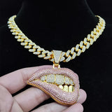 Hip Hop Bite Lip Pendant Necklace Crystal Cuban Chain Iced Out Bling