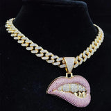 Hip Hop Bite Lip Pendant Necklace Crystal Cuban Chain Iced Out Bling