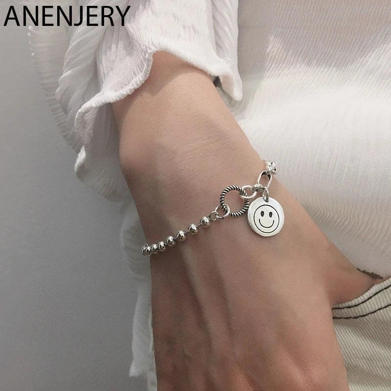 925 Silver Smiling Face Asymmetric Chain Bracelet for Women