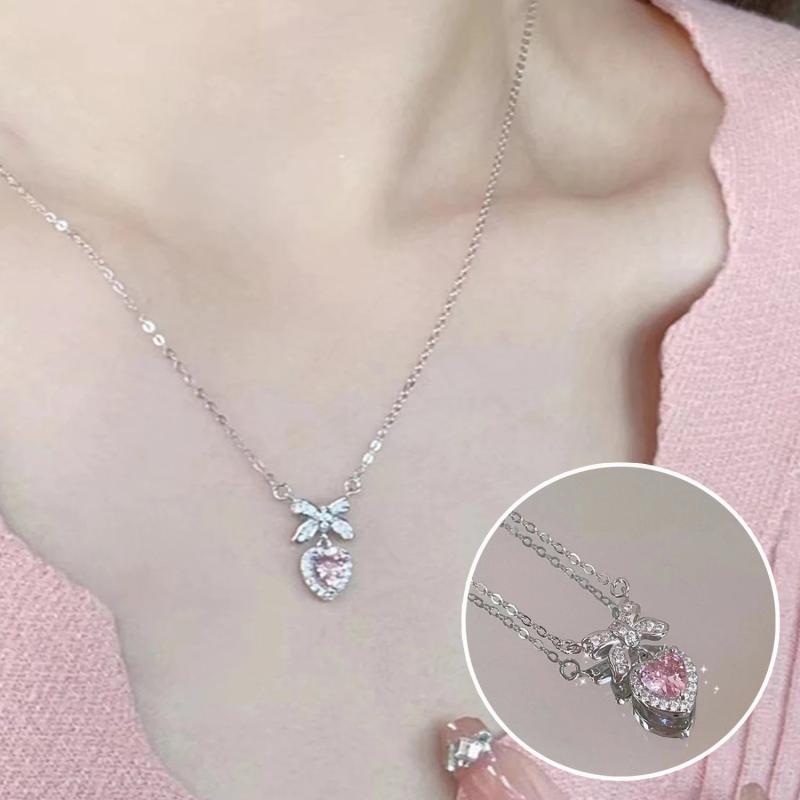 Y2k Pink Heart Pendant Necklace For Women Girls Sparkling Drop Necklace