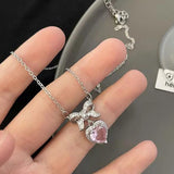 Y2k Pink Heart Pendant Necklace For Women Girls Sparkling Drop Necklace