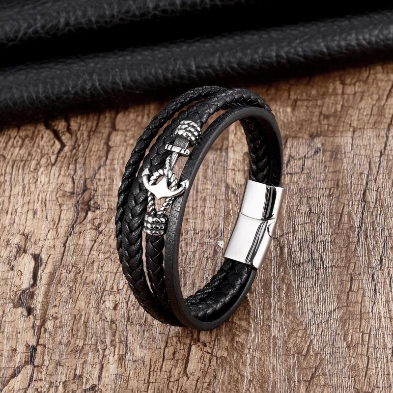 Stainless Steel Men's Leather Bracelet Multilayer DIY Custom Woven Anchor Rope