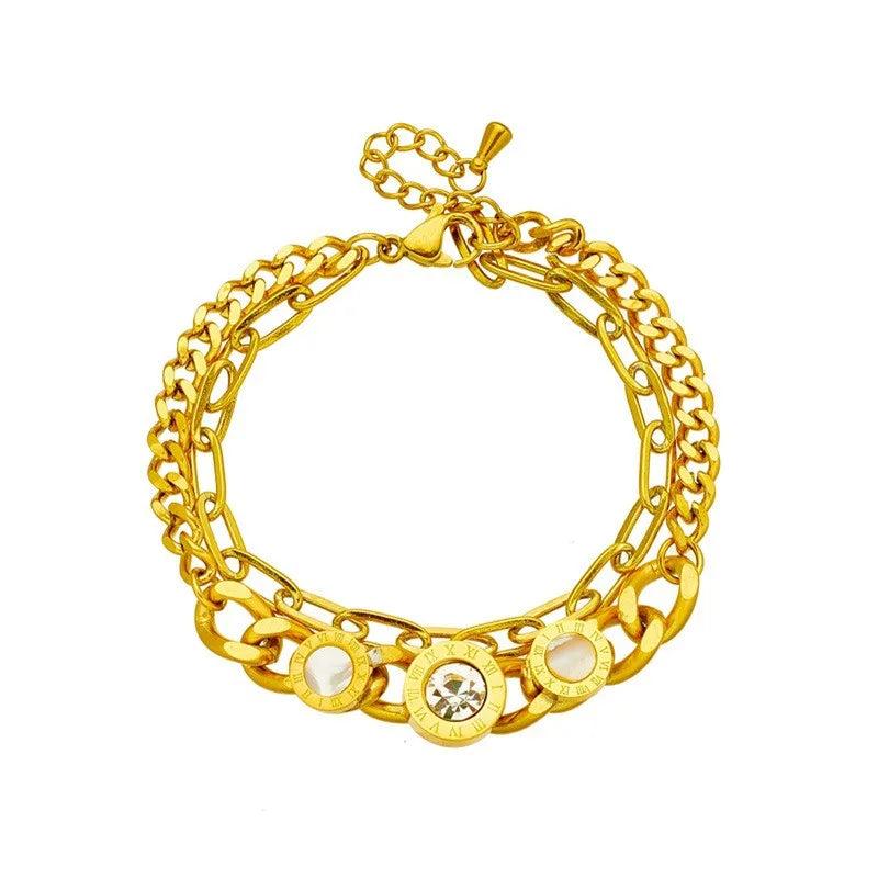 Stainless Steel Double Layer Roman Shell Crystal Bracelet