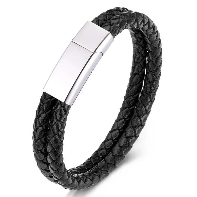 Stainless Steel Men's Leather Bracelet Woven Rope Chain Punk Style