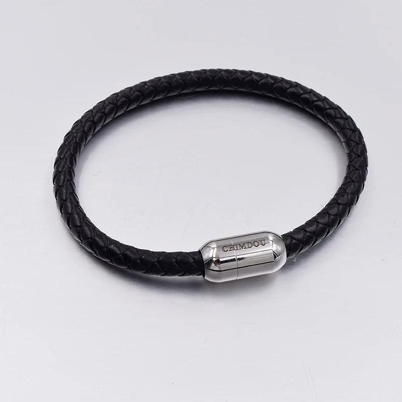 Men's Stainless Steel Clasp Leather Bracelet