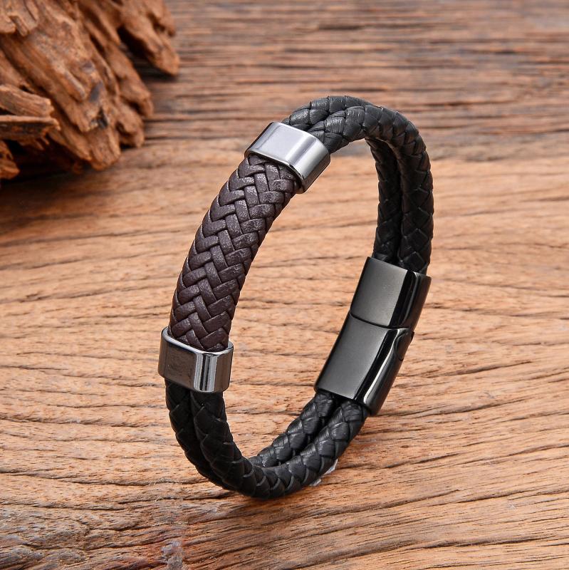 Braided Leather Men's Bracelet with Stainless Steel Buckle