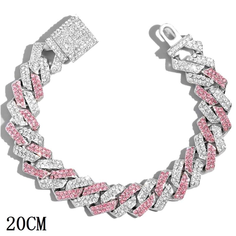 Pink Iced Out Crystal Prong Cuban Link Chain Bracelet for Women