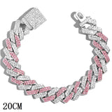 Pink Iced Out Crystal Prong Cuban Link Chain Bracelet for Women