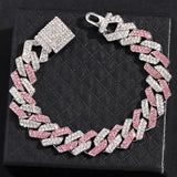 Pink Iced Out Crystal Prong Cuban Link Chain Bracelet for Women