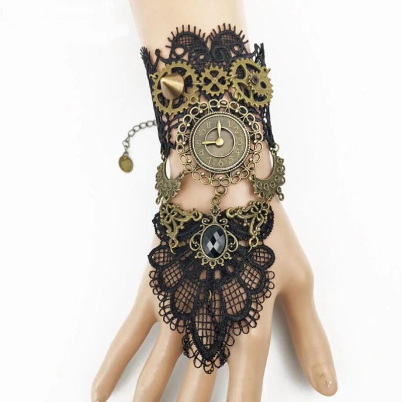 Vintage Gothic Steampunk Gears Back Hand Lace Bracelet