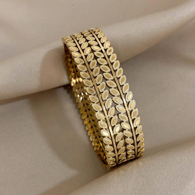 316L Stainless Steel Leaves Open Bracelets for Women Vintage 18K Plated