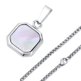 Men's Geometric Square Stone Necklace, 15mm Shell Pendant with Box Chain